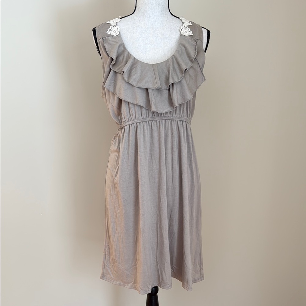 CATO Women L Tan Knit Sleeveless Tank Dress Ruffle Front Lace Back
